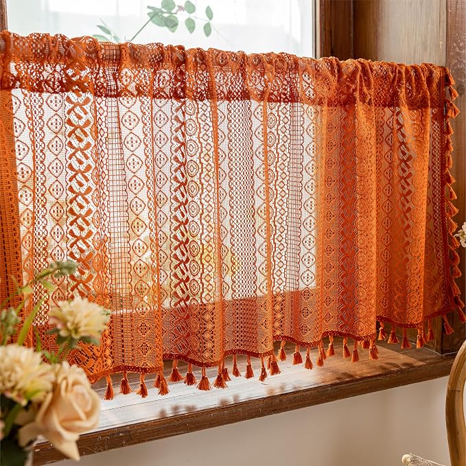 Sutuo Home Boho Kitchen Window Curtains for Closet Dishwasher,Sheer Lace Curtains Valance French Country Privacy Vintage Tassels Orange Rustic Rod Pocket Halloween Decor, 50" x 36",2 Panels Terracotta