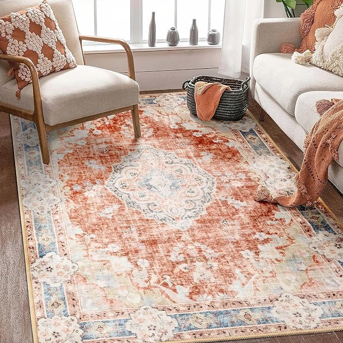 MUJOO Boho Rug 4'x6.5' Area Rugs Washable Non Slip Low-Pile Floral | Machine Washable Throw Carpet for Bedroom Living Room Office Entryway Small Soft Floor Indoor Accent Flowers Orange Navy Blue