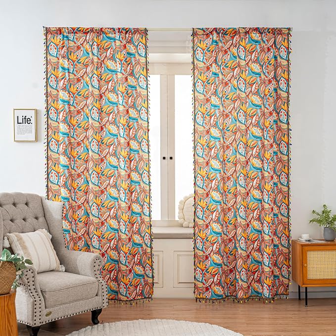 Boho Paisley Curtains 54 Inches Long, Orange Blue Light Filtering Rod Pocket Drapes with Tassel Trim for Bedroom Living Room, 2 Panels