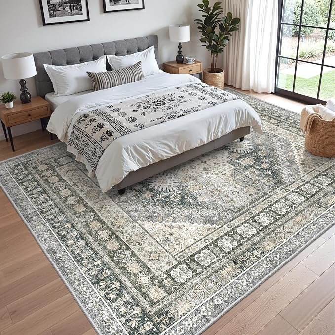 zesthome 8x10 Area Rugs for Living Room,Non-Slip Backing Washable Rugs,Vintage Large Area Rug，Stain Resistant Home Decor Rug (Wheat/Charcoal,8'x10')