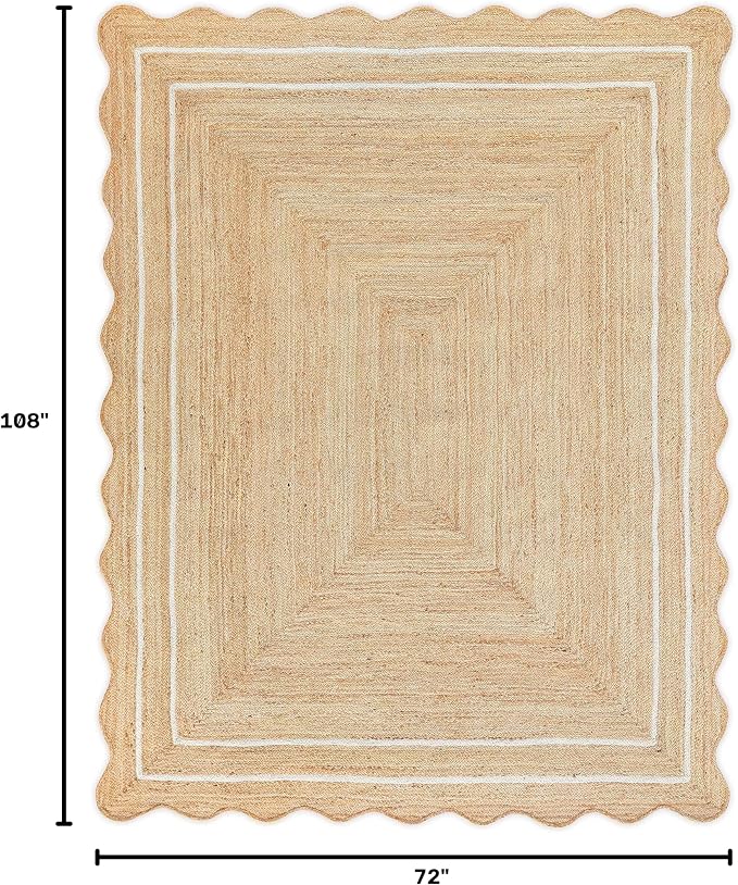 Wave Scalloped Natural Jute Runner, Off White (6'x9'): Boho Farmhouse Entryway Scallop Rug