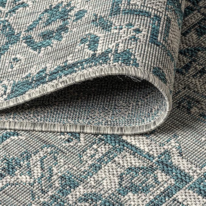 JONATHAN Y Boho Medallion Indoor Outdoor Round Area Rug 8 Ft Teal/Gray, Estrella Textured Weave for Backyard, Patio, Porch, Easy-Cleaning, High Traffic, Pet-Friendly, Non-Shedding (SMB105C-8R)