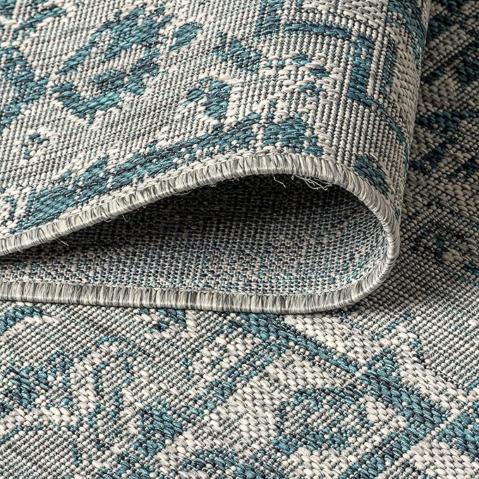 JONATHAN Y Boho Medallion Indoor Outdoor Square Area Rug 5X5 Teal/Gray, Estrella Textured Weave for Backyard, Patio, Porch, Easy-Cleaning, High Traffic, Pet-Friendly, Non-Shedding (SMB105C-5SQ)