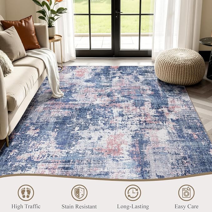 Sasttie 8x10 Soft Area Rug for Living Room, Modern Abstract Washable Large Carpet for Bedroom, with Non-Slip Backing, Pink and Blue
