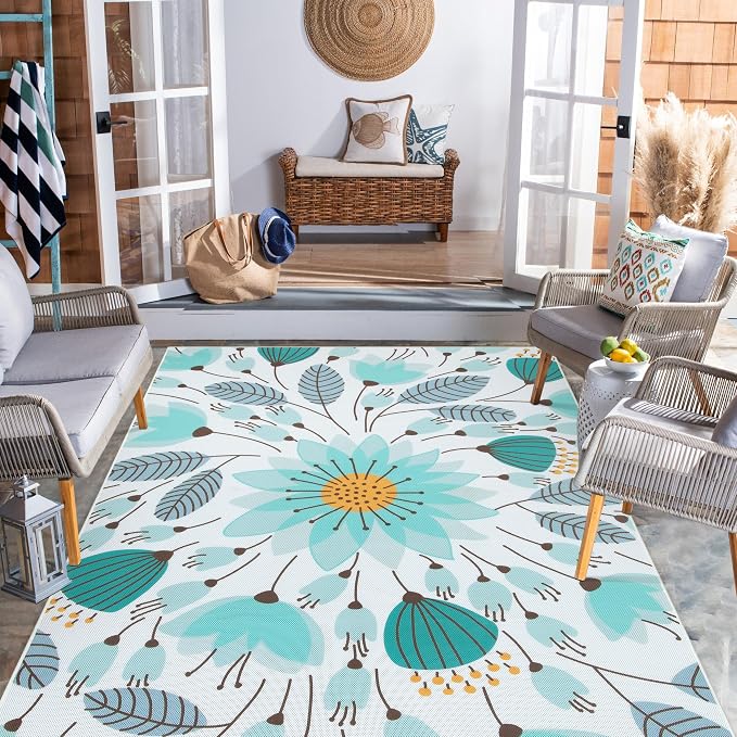 Lahome Floral Indoor Outdoor Rug, 5x8ft Non Slip Outdoor Patio Rug for Balcony Deck, Portable Outdoor Carpet for Camping Picnic Backyard, Breathable RV Mat Outdoor Rugs for Living Room Bedroom,Blue