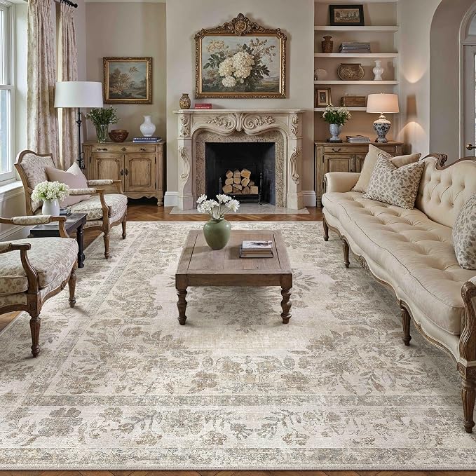 PureCozy 7x9 Area Rug Beige Washable Vintage Distressed Living Room Carpet Large Bedroom Indoor Medallion Floral Non Slip Retro Throw Floor Mat for Office Dining Room Kitchen Bathroom