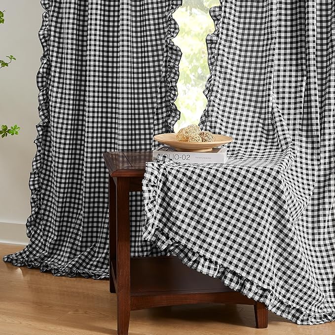 ZJDECOR Black White Buffalo Plaid Ruffle Window Curtains 72 Inches Length | Crinkle Not-See-Through Sheer Drape,Rustic Panel Bedroom Living Room,Shabby Chic Window Treatment,Rod Pocket,40"Wx72"Lx2