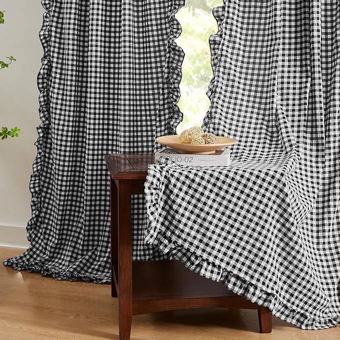 ZJDECOR Black White Buffalo Plaid Ruffle Window Curtains 84 Inches Long | Woven Crinkle Not-See-Through Sheer Drape,Rustic Shabby Chic Window Treatment,Bedroom Living Room,Rod Pocket,40"Wx84"Lx2