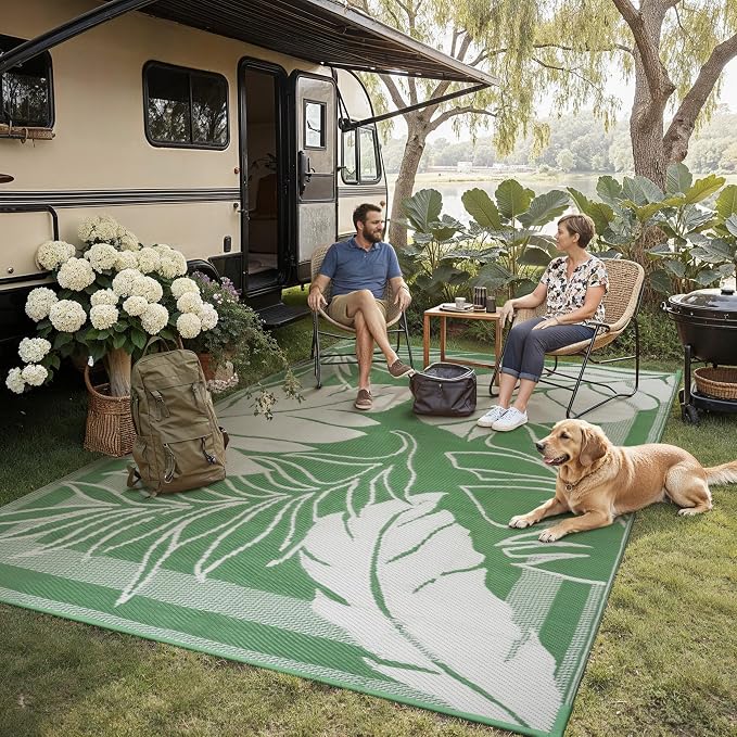 HUGEAR 9'x12' Outdoor Rug Waterproof Plastic Straw Rugs Large Green Reversible Olive Leaf Mat Floor Carpet for Camping RV Deck Entryance Porch Picnic Balcony Beach Backyard