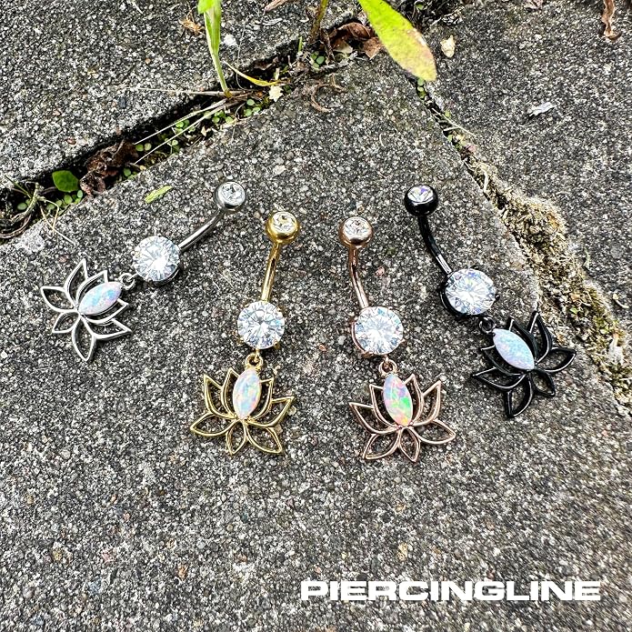 PIERCINGLINE Surgical steel belly button piercing dangle LOTUS BLOSSOM WITH SYNTHETIC OPAL 14 G belly button ring surgical steel belly piercing new version with improved durability