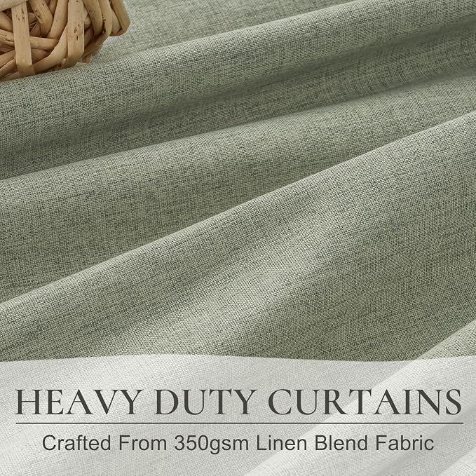 Sage Green Blackout Linen Curtains 90 Inches Long for Living Room Bedroom, Pleated Window Track Curtain with Pin Hooks Belt Boho Light Green Drapes Thermal Insulated (50"Wx90"Lx2Panels) Back Tab