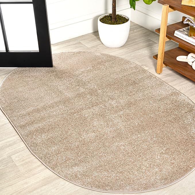 JONATHAN Y Haze Solid Low-Pile Beige 6x9 Oval Indoor Area Rug, Coastal,Bohemian,Minimalist,Classic, Easy-Cleaning for Living Room,Bedroom,Kitchen,Pet Friendly,Non-Shedding (SEU100G-6OV)