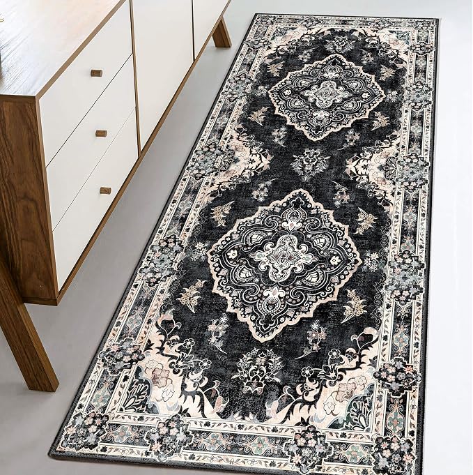 MUJOO Black Runner Rug Washable 2x6 Area Rugs Non Slip Low-Pile Floral | Long Throw Carpet for Hallways Entryway Kitchen Bathroom Bedside Bedroom Laundry Boho Soft Indoor Vintage Bohemian Flowers