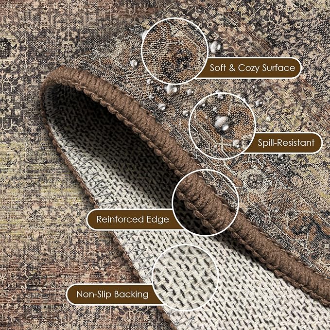 Washable Area Rug 4' x 6' Vintage Traditional Persian Mat - Foldable Distressed Non-Slip Machine Washable Carpet for Living Room Bedroom Kitchen Home Decor - Umber and Slate