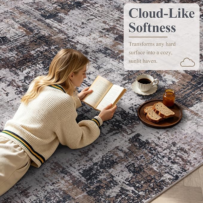 Sasttie 4x6 Soft Area Rug for Living Room, Modern Abstract Washable Carpet for Bedroom, with Non-Slip Backing, Black and Brown