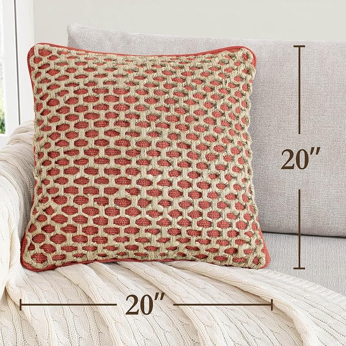 Boho Living Jada Premium Woven Design, Decorative Throw, Living Room Décor, (2) 20" x 20" Pillow Covers with Insert, Rust 2 Count