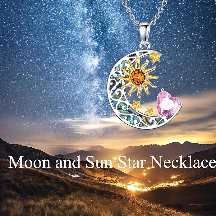 AOBOCO 925 Sterling Silver Sun and Moon Star Pendant Necklace with Simulated Birthstone, Birthday Christmas Jewelry Gift for Women Teen Girls