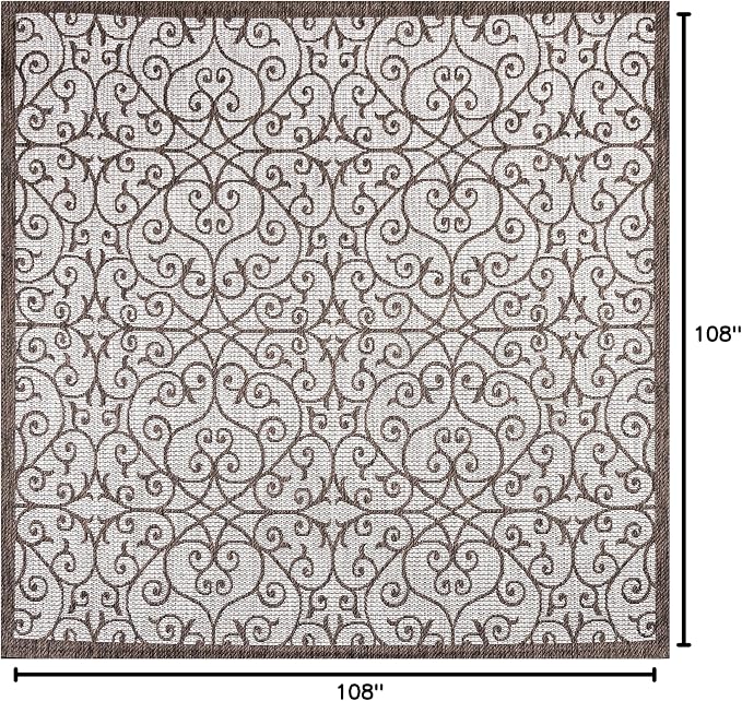JONATHAN Y Vintage Filigree Indoor Outdoor Square Area Rug 9X9 Taupe/Espresso, Madrid Textured Weave for Backyard, Patio, Porch, Easy-Cleaning, High Traffic, Pet-Friendly, Non-Shedding (SMB107C-9SQ)