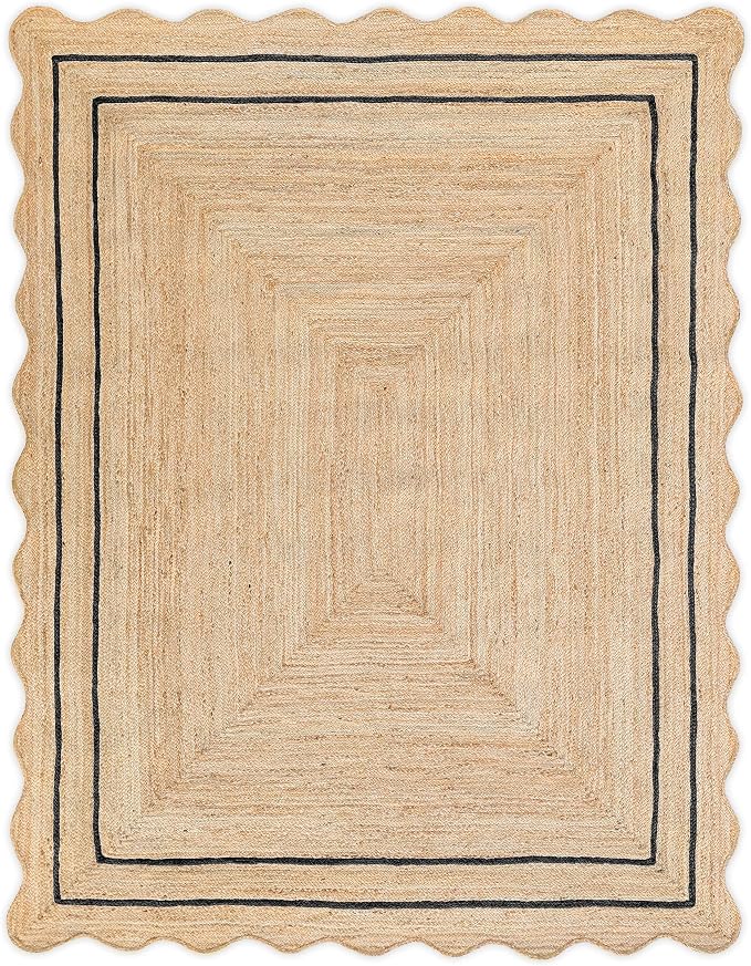 Wave Scalloped Natural Jute Rug - Boho Jute Entryway Runner, Black (6'x9'')