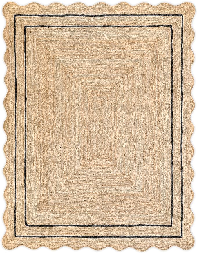 Wave Scalloped Natural Jute Runner, Black (3'x5'): Boho Farmhouse Scallop Entryway Rug