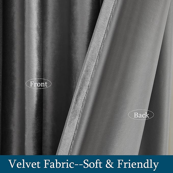 PRIMROSE Dark Grey Velvet Curtains 108 inch Long for Living Room,Set of 2 Panels Blackout Rod Pocket Back Tab Window Treatment Room Darkening Heavy Decorative Curtains Drapes for Bedroom