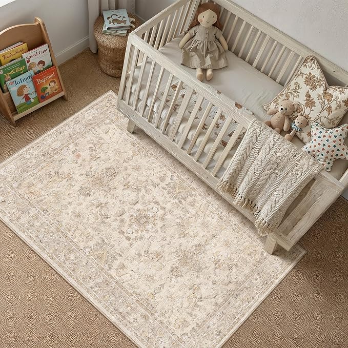3x5 Beige Washable Area Rug Non Slip Vintage Carpet | Soft Low Pile, Lightweight Foldable, Pet Friendly, Living Room, Bedroom, Dining Room, Entryway, Office