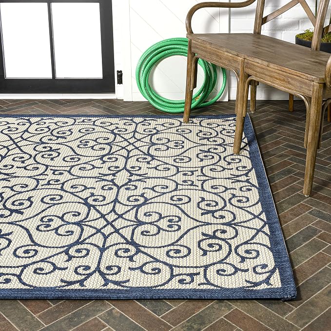 JONATHAN Y Vintage Filigree Indoor Outdoor Area Rug 8X10 Navy/Beige, Madrid Textured Weave for Backyard, Patio, Porch, Easy-Cleaning, High Traffic, Pet-Friendly, Non-Shedding (SMB107G-8)