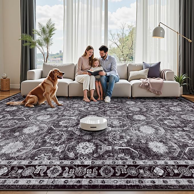 8x10 Area Rugs, Soft Non Slip Low Pile Washable Rug, Boho Modern Rug for Living Room, Bedroom, Dining Room, Black