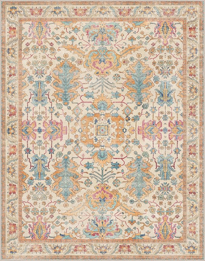 Area Rugs 8x10 Clearance Washable Boho Rug for Bedroom Living Room, Non Slip Thin Low Pile Chenille Carpet for Dining Room,Vintage Farmhouse, Turmeric