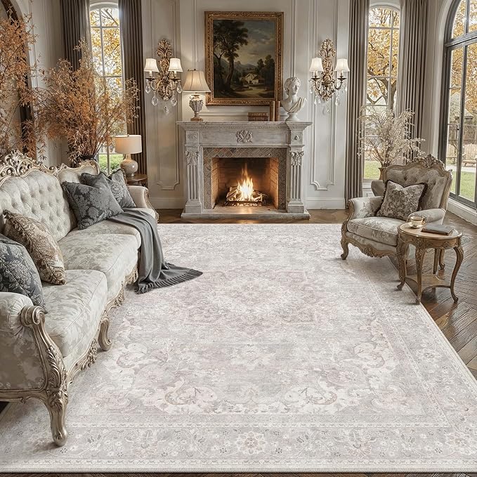 PureCozy 8x10 Area Rug Washable Grey Vintage Oriental Medallion | Non Slip, Soft Low Pile, Indoor Carpet for Living Room, Bedroom, Dining Room, Retro Decor