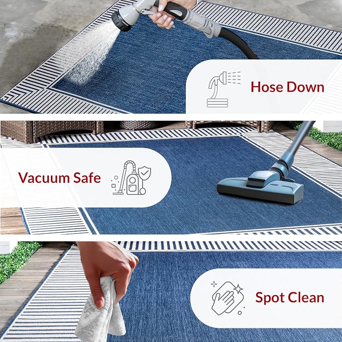 Nuloom Asha Navy/Ivory, 8' Square, Casual, Striped Border, Soft and Cozy, High Traffic, Easy Clean, Durable Area Rug for Indoor/Outdoor Patio, Deck, Porch, Garden, Courtyard