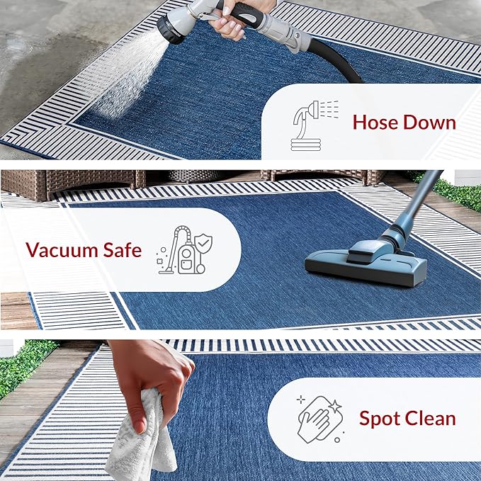 Nuloom Asha Navy/Ivory, 2' x 3', Casual, Striped Border, Soft and Cozy, High Traffic, Easy Clean, Durable Area Rug for Indoor/Outdoor Patio, Deck, Porch, Garden, Courtyard