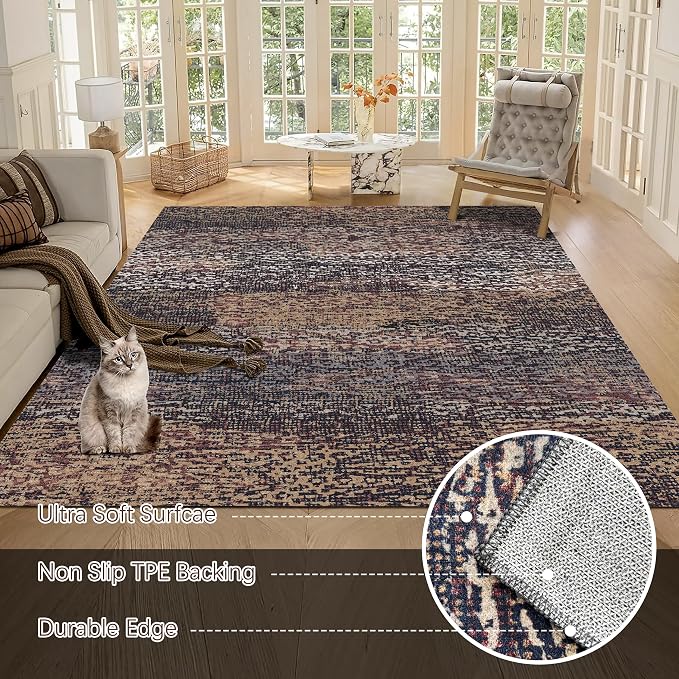 RUGSURE Washable Area Rug - 1/6 Thick - Stain & Water Resistant Non-Slip - Resistant Rug for Living Room, Bedroom, Nursery, Pet & Child Friendly, Vintage Charm Area Rugs (Rust, 9' x 12')