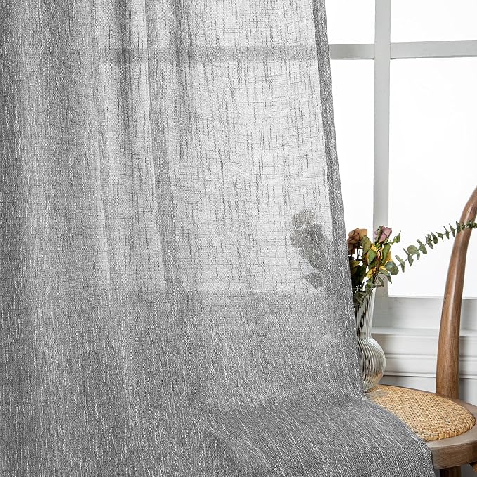 MYSKY HOME Sheer Curtains for Bedroom, Kitchen Curtain Panels Cotton Polyester Blend Fabric Linen Look Texture Light Filtering Privacy Drapes, Farmhouse Home Decor, 50" x 63", Dark Grey, 2 Pieces