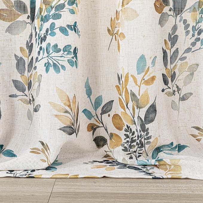 MYSKY HOME Linen Sheer Curtains for Living Room Leaf Patterned Semi Vertical Drapes Decor Farmhouse Style Texture for Dining Room Light Soften Privacy, Yellow and Blue, W52 x L90, Pack-2