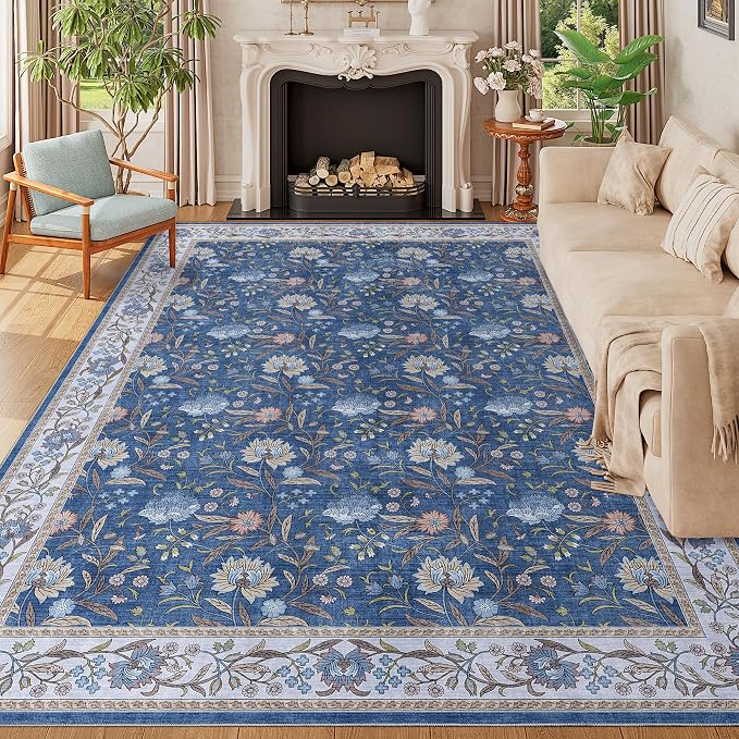 DUKINO 9x12 Area Rug for Living Room Vintage Floral Washable Rug, Sky Blue | Non Slip, Low Pile, Non-Shedding, Stain Resistant, Aesthetic Soft Indoor Large Carpet for Bedroom Dining Room Farmhouse
