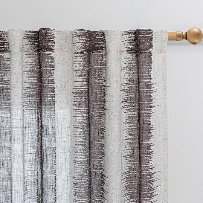 MYSKY HOME Bedroom Curtains Linen Textured Semi Sheer Curtains 63 Inch Length, Lines Printed Curtains & Drapes, Soft Light Filtering Privacy Protect, 50" x 63", Red/Lines, 2 Panels