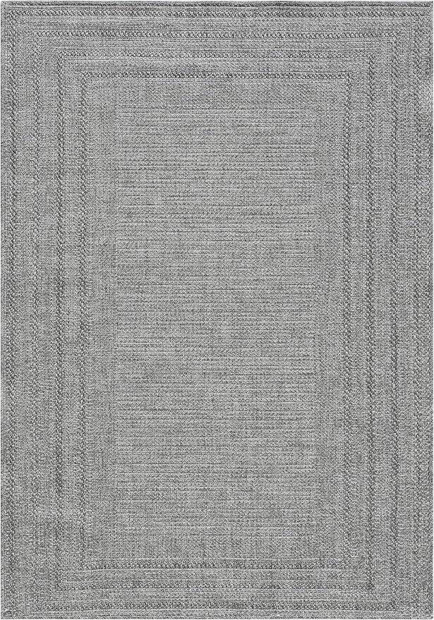 Berry Easy Jute Indoor Outdoor Rug, 4x6 Neutral Bordered Jute Look, Weather Resistant, Easy Care, Lightweight Outdoor Farmhouse Carpet for Patio, Porch, Living Room (4' x 6', Gray)