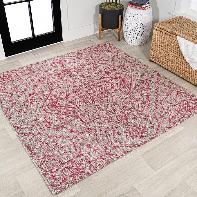 JONATHAN Y Boho Medallion Indoor Outdoor Square Area Rug 5X5 Light Gray/Fuchsia, Estrella Textured Weave for Backyard, Patio, Porch, Easy-Cleaning, High Traffic, Pet-Friendly Non-Shedding SMB105F-5SQ