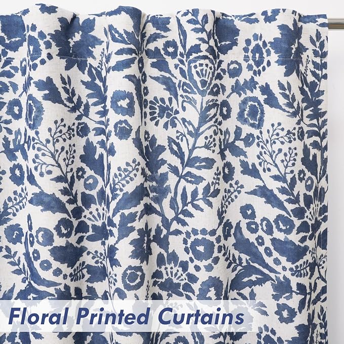 DriftAway Julia 100% Blackout Curtains Back Tab 2 Panels, W52xL84, Navy | Floral Curtains, Bedroom, Living Room, Linen Blend, Watercolor Pattern, 2 Layers, Thermal Insulated, Window Treatment