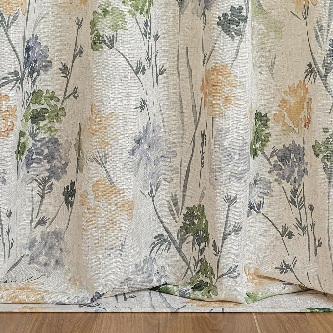 MYSKY HOME Sage Green Floral Linen Spring Curtains 95 inch Long 2 Panels Set Semi Sheer Light Filtering Farmhouse Flower Pattern Grommet Top for Living/Dining Room, 52" W Each Panel