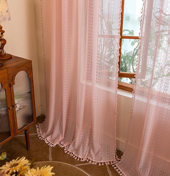 Sutuo Home Boho Sheer Curtains 96 inches Long for Living Room Dining Room, Lace Curtains Farmhouse Crochet Vintage Chic Princess Drapes Tassels Valentine's Decor Rod Pocket, 2 Panels 50" W,Light Pink