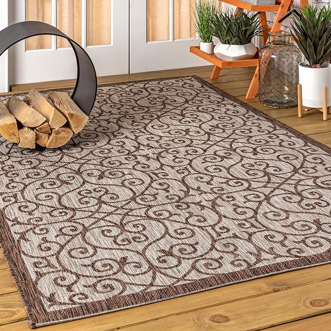 JONATHAN Y Vintage Filigree Indoor Outdoor Area Rug 4X6 Taupe/Espresso, Madrid Textured Weave for Backyard, Patio, Porch, Easy-Cleaning, High Traffic, Pet-Friendly, Non-Shedding (SMB107C-4)