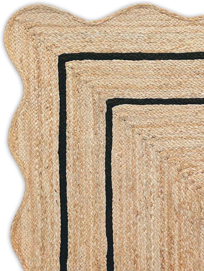 Wave Scalloped Natural Jute Runner Boho Entryway Farmhouse Scallop Rug, Black (8'x10'')