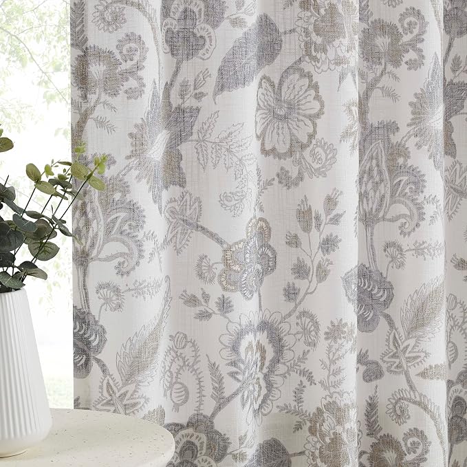 Kayne Studio Linen Grey Curtain Panels Linen Textured Botanical Leaf Print Floral Farmhouse Linen Curtain Drapes Light Filtering Window Treatments Living Room Bedroom Rod Pocket Back Tab,52"x108"x2