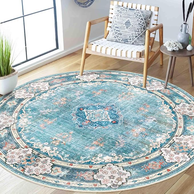 MUJOO Teal Round Rug 5ft,Circle Washable Area Rug Non Slip Floral | Circular Rugs for Bedroom Living Room Dining Room Bathroom Boho Throw Carpet Low-Pile Soft Indoor Flowers Blue Colorful
