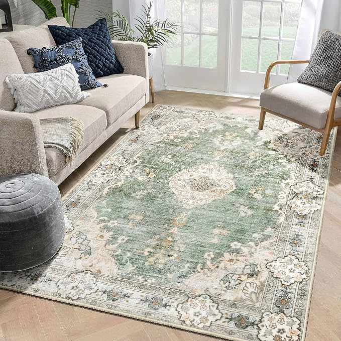 MUJOO 5'x7' Area Rugs Green Washable Boho Rug Non Slip Low-Pile Floral | Machine Washable Large Throw Carpet for Bedroom Living Room Dining Room Soft Floor Indoor Abstract Flowers Sage Green