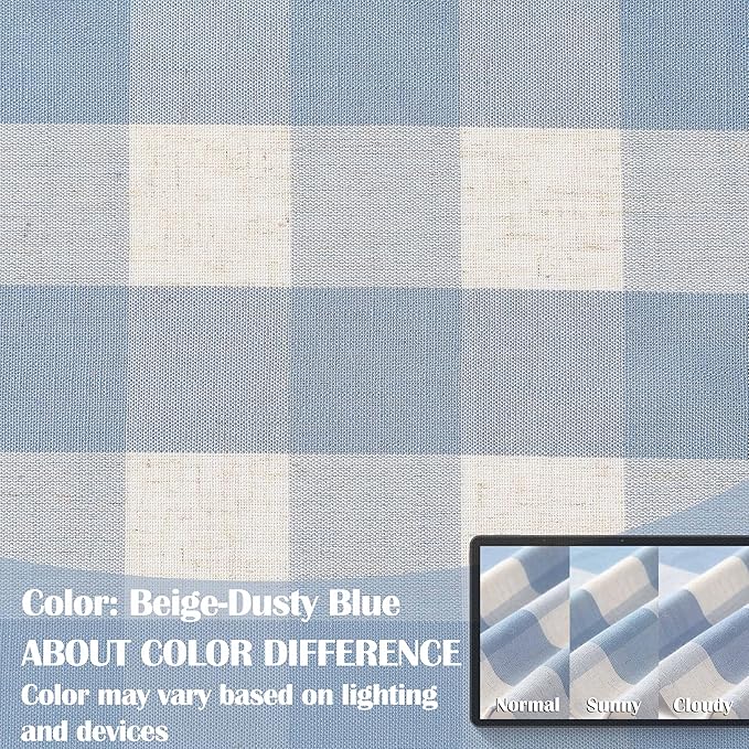 Beige-Dusty Blue Buffalo Plaid Semi Sheer Curtains 63 Inch Length | Farmhouse Buffalo Check Drapes for Bedroom Living Room,Gingham Window Treatment,Yarn Dyed Fabric,Rod Pocket,40"Wx63"Lx2