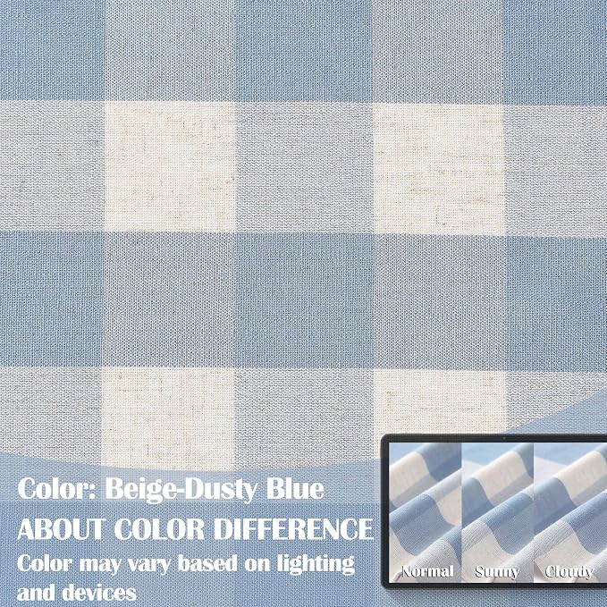 90 Inches Long Beige-Dusty Blue Buffalo Plaid Semi Sheer Curtains | Farmhouse Drapes for Living Room Bedroom,Retro Gingham Rod Pocket Window Treatment,Yarn Dyed Fabric,40"Wx90"L,2 Panels