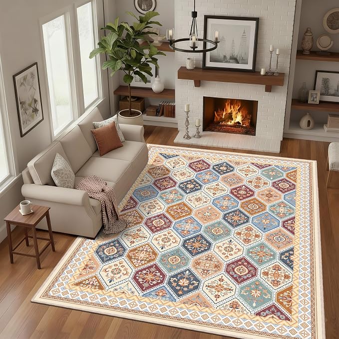Area Rugs 9x12 Living Room, Soft Non-Slip Vintage Boho Moroccan Rug, Low-Pile Printed Washable Area Rugs Carpet for Living Room, Bedroom, Dining Room -Multi | Soft Low-Pile Printed Washable Area Rugs Carpet for Living Room, Bedroom, Dining Room - Multi